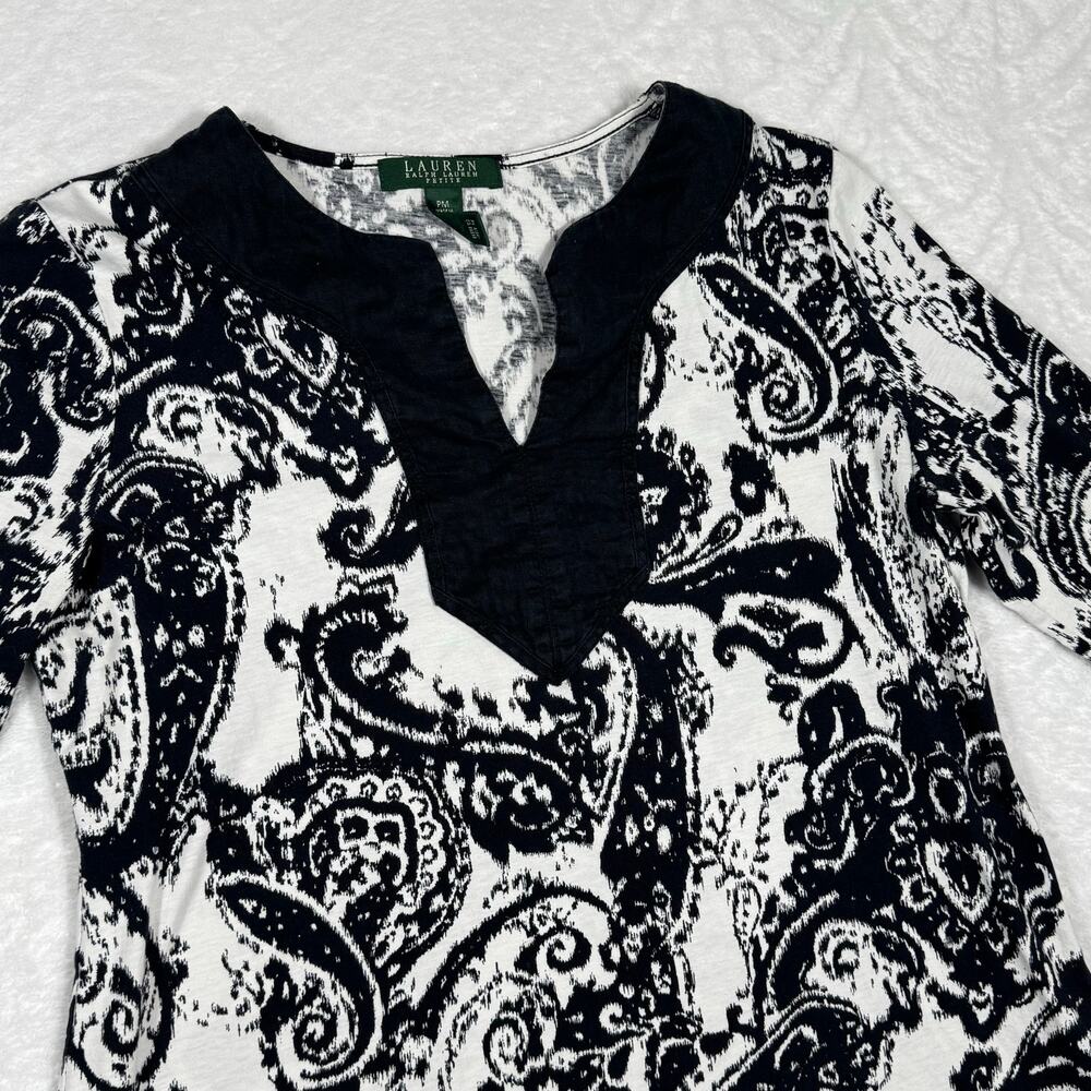 Ralph Lauren Black and White Paisley Print V-Neck Top Women's M Petite Cotton
